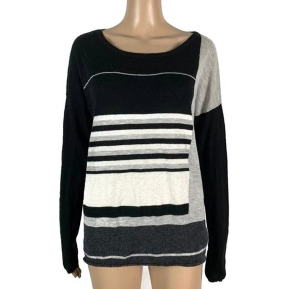 Vince Colorblock Stripe Merino Sweater XS Lightweight‎ Wool Black Gray